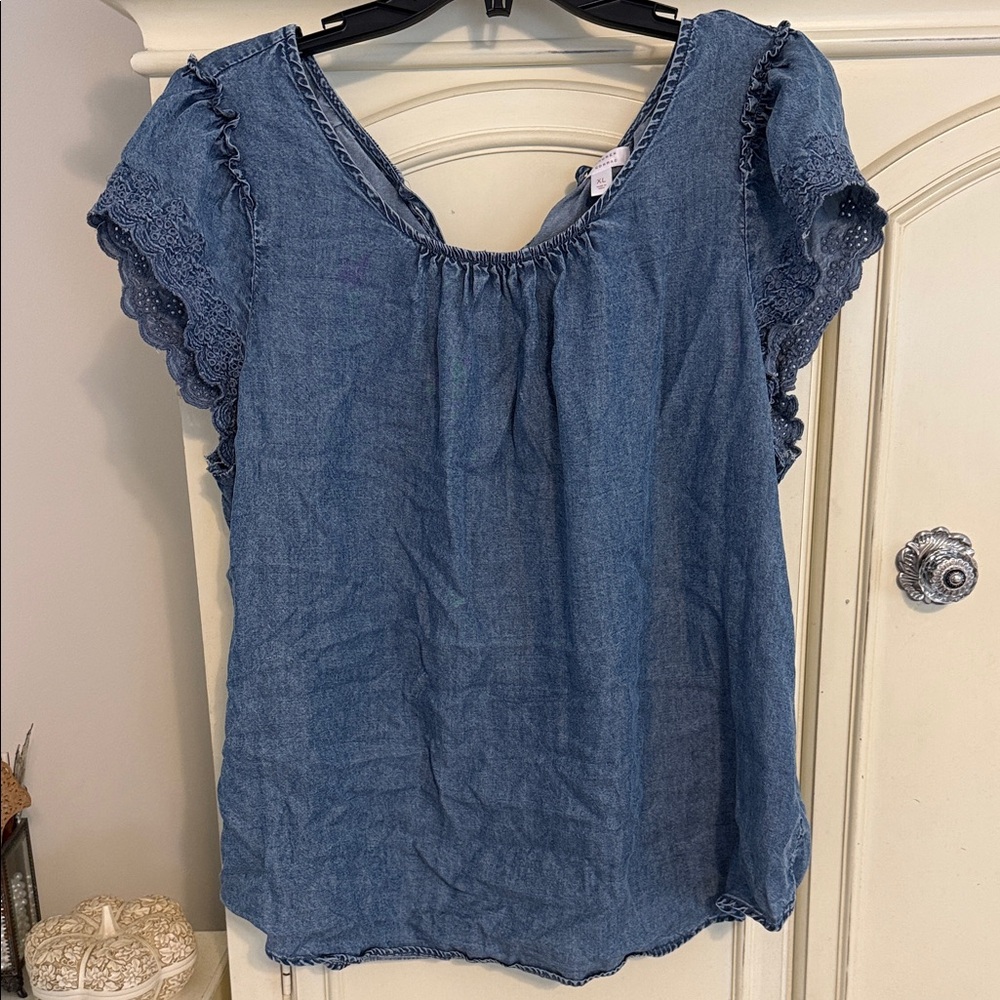 LC Lauren Conrad Denim Blue Blouse with Lace Sleeves XL